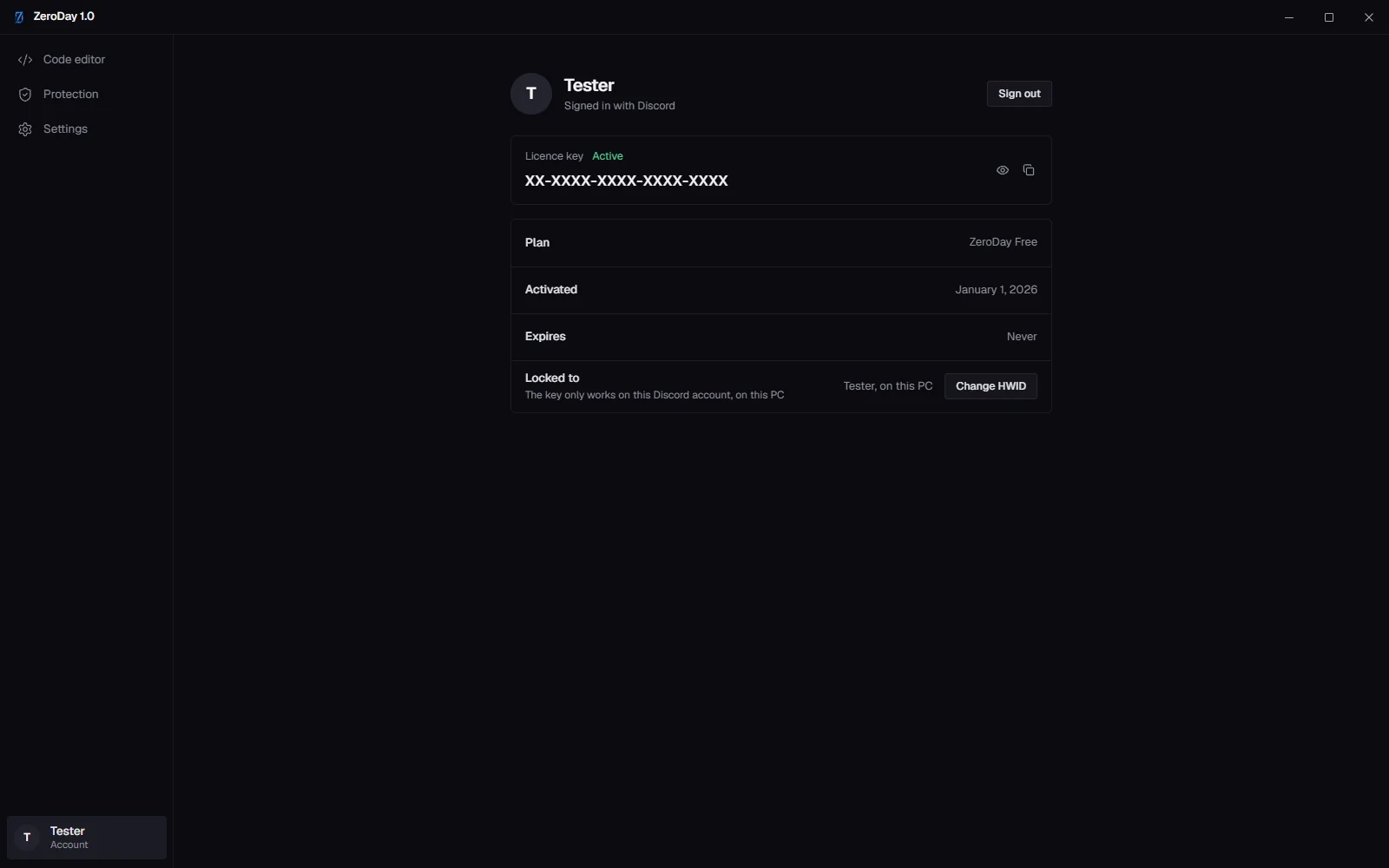 The Account page in ZeroDay, with the licence key hidden