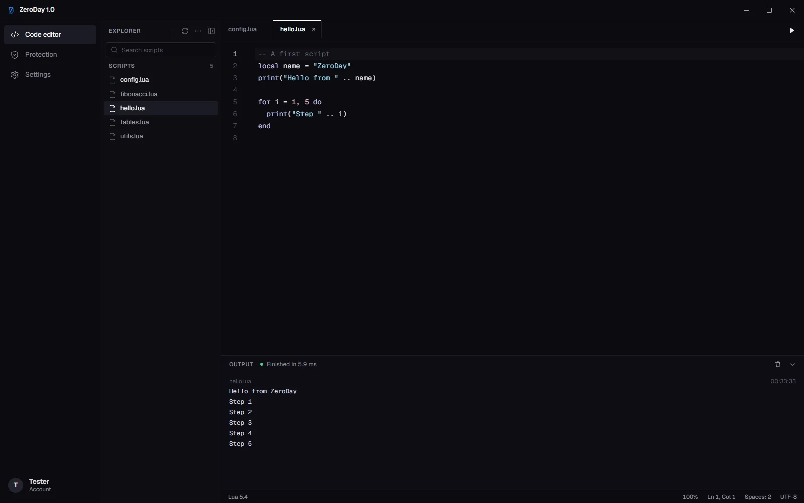 The ZeroDay code editor, with a Lua script open