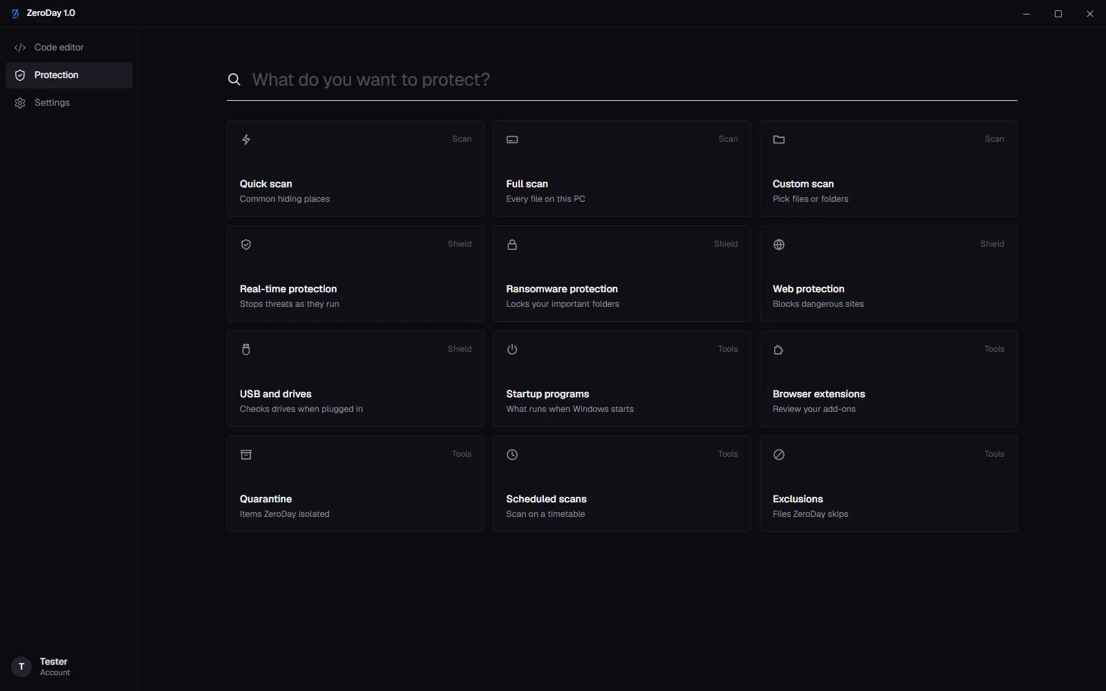 The Protection page in ZeroDay