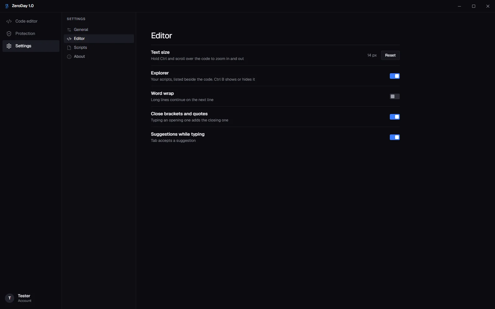 The Settings page in ZeroDay